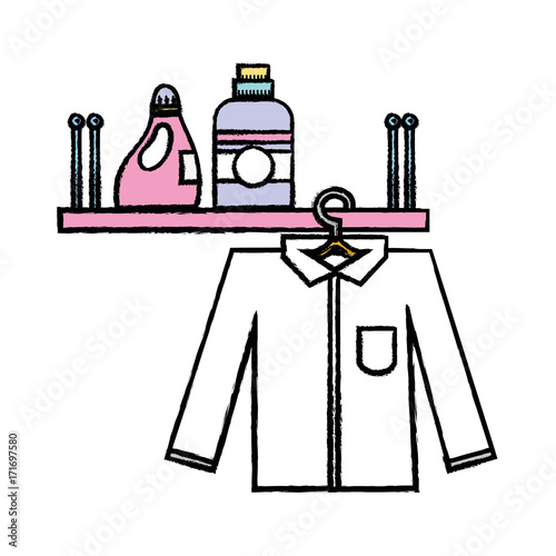 shelf with detergent bottle and clothes hanging vector illustration