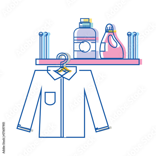 shelf with detergent bottle and clothes hanging vector illustration