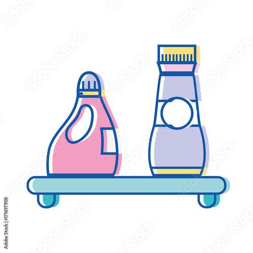 shelf with softener and detergent liquid bottle vector illustration