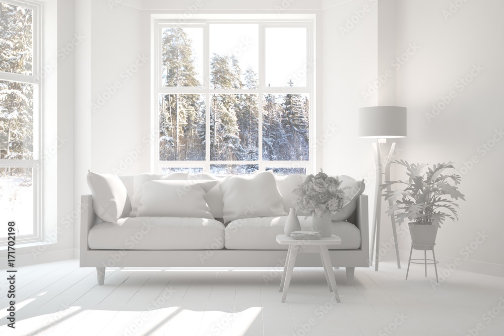 Fototapeta premium White room with sofa. Scandinavian interior design. 3D illustration