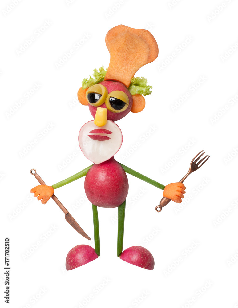 Naklejka premium Funny radish cook holds fork and knife