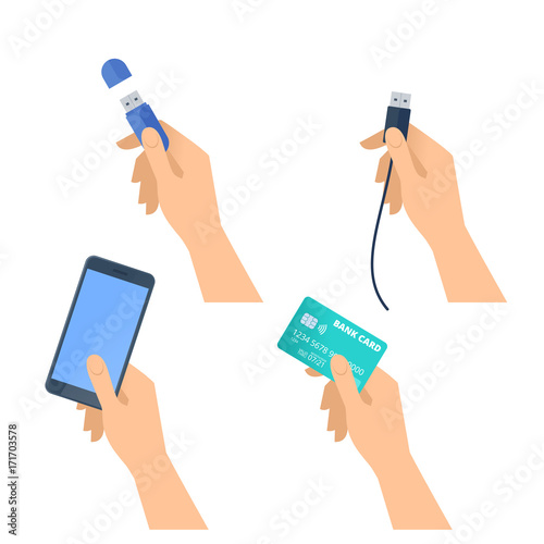 Human hands hold flash drive, mobile phone, usb plug, plastic bank credit card. Flat illustration of male and female hands with electronic devices and supplies. Vector design element isolated on white