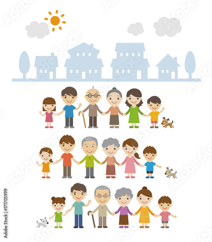 住宅の前に仲良く並ぶ三世代家族イラストセット