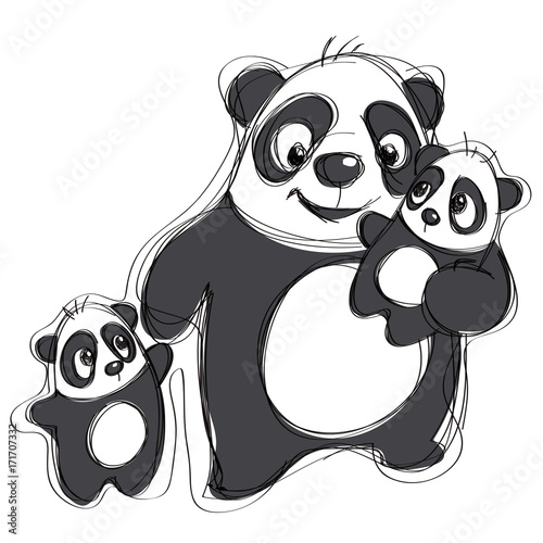 Cartoon panda family in a naive childish drawing style