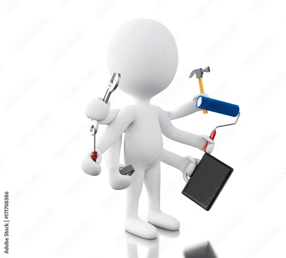 3d White people with six arms holding tools 3d White people with six arms holding tools