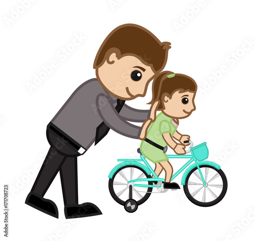 Dad Teaching Riding Cycle to Kid Girl