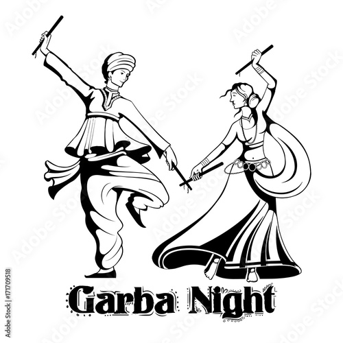 Couple playing Dandiya in disco Garba Night poster for Navratri Dussehra festival of India