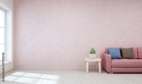 Indoor plant on wooden coffee table and sofa with empty pink concrete wall background, Relaxing area near window in pastel living room of modern scandinavian house - Home interior 3d rendering