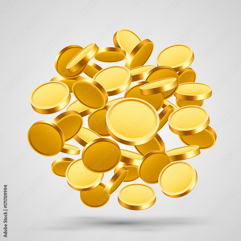 Many flying coins in the form of a ball. Vector illustration