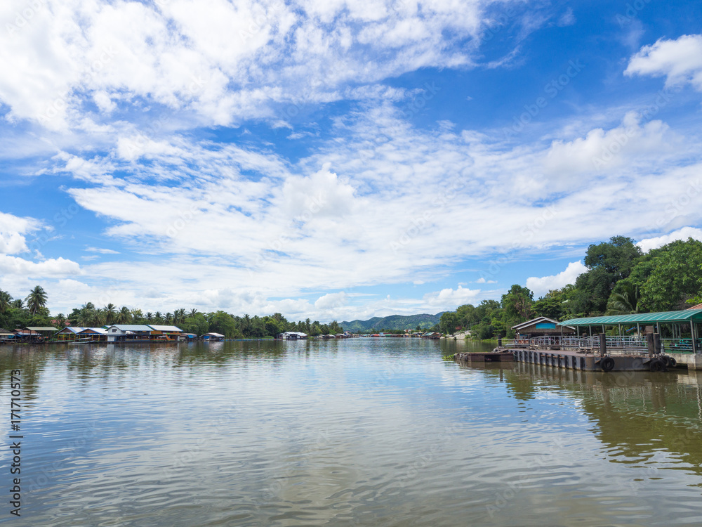 Landscape of nature blue sky and white clouds with clear water river with reflection on the river in a summer day, Asian style 