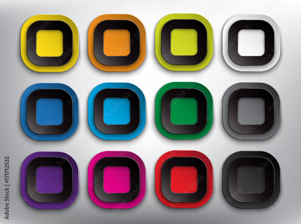 Abstract vector web buttons set of 12. Set of square paper style buttons for your website or app. Isolated on the white background. Vector illustration. Eps10. Abstract vector web buttons set of 12. Set of square paper style buttons for your website or app. Isolated on the white background. Vector illustration. Eps10.
