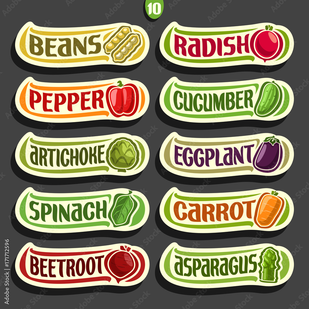 Vector Set labels with text for fresh Vegetables: 10 minimal signs of organic vegetables on black, set of cartoon simple stickers for packing vegan nutrition with original font, tags for veg produce.