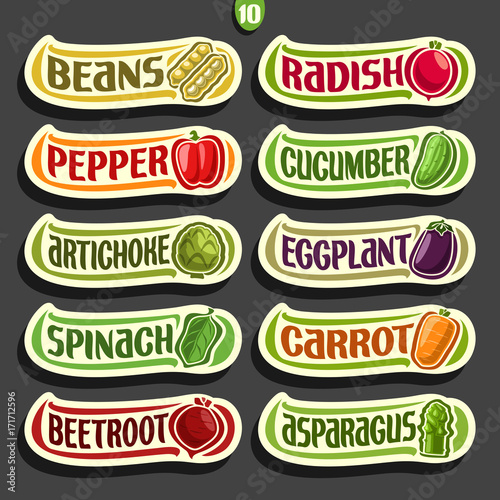 Vector Set labels with text for fresh Vegetables: 10 minimal signs of organic vegetables on black, set of cartoon simple stickers for packing vegan nutrition with original font, tags for veg produce.