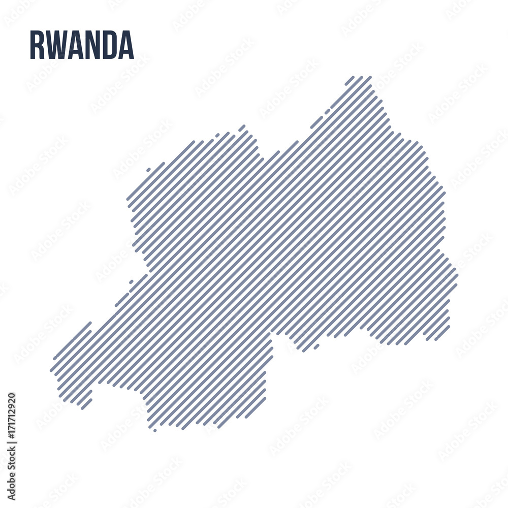 Vector abstract hatched map of Rwanda with oblique lines isolated on a white background.