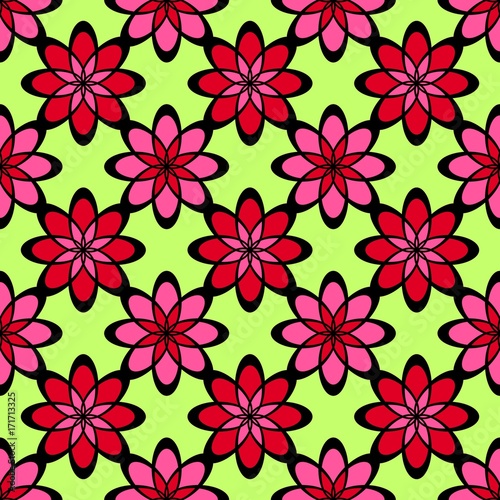 Geometric abstract seamless texture with floral design. Abstract green and red background with flower design