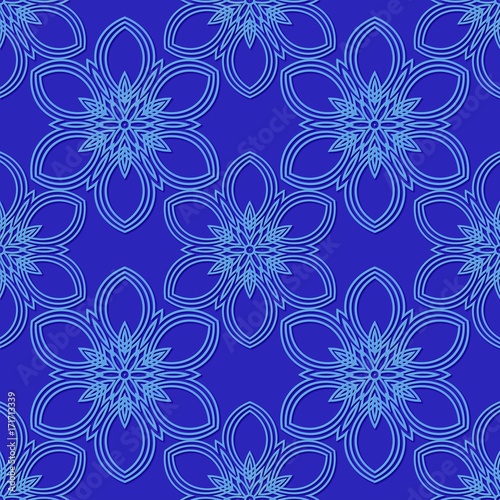 Geometric abstract seamless texture with floral design. Abstract blue background with flower design