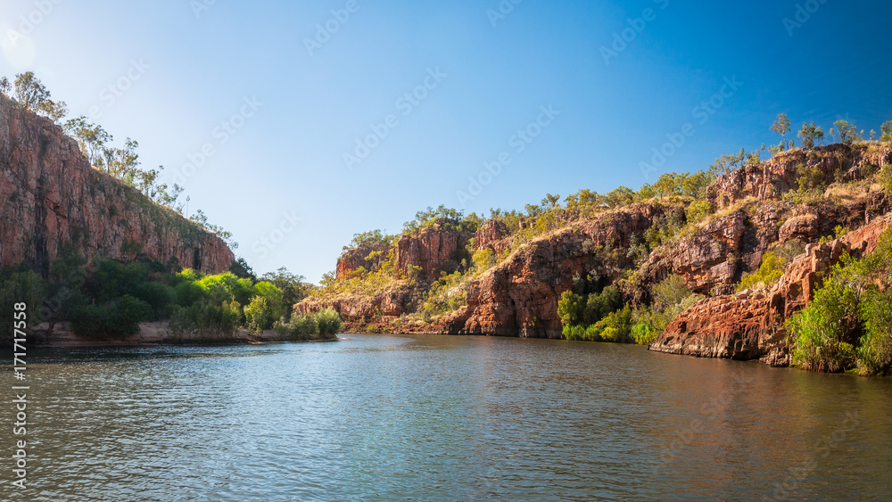 Katherine River Gorge with its rocky sandstone cliffs and beautiful scenery is one of the best attractions in Nitmiluk National Park, Northern Territory, Australia.