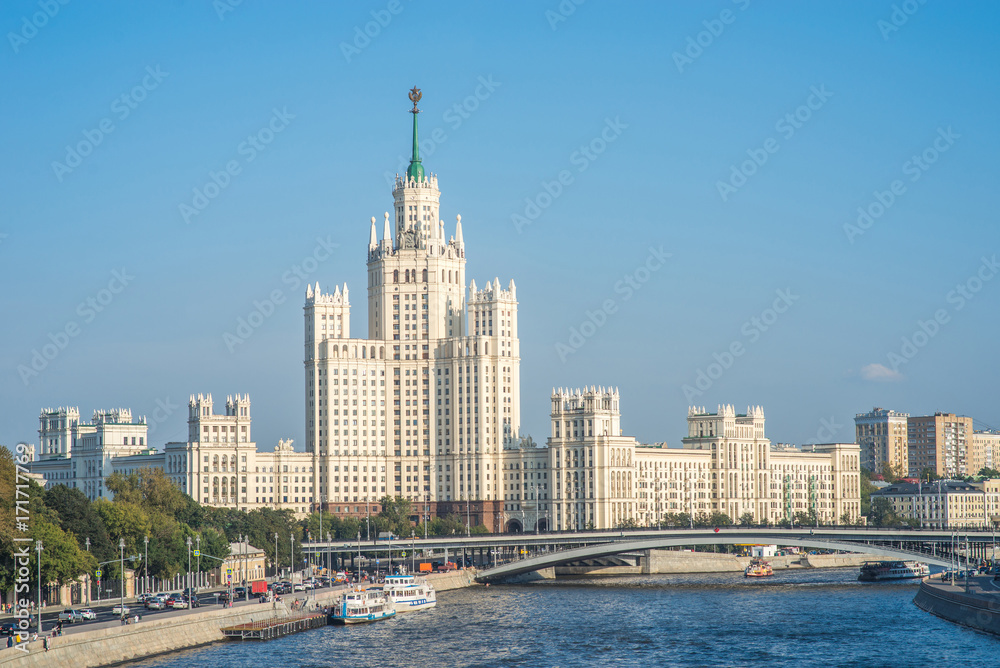 View of Moskva river and skyline building from new floating bridge in Zaryadye View of Moskva river and skyline building from new floating bridge in Zaryadye