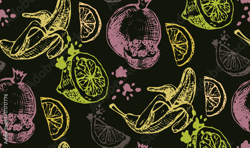 Hand drawn doodle summer pattern with lemonade. Summer drink. Garnet and banana.
