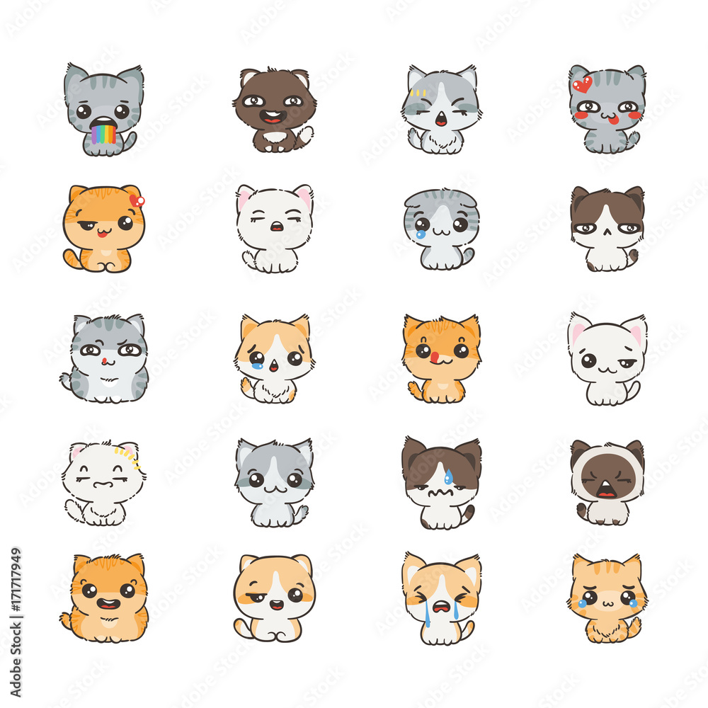 Fototapeta premium Cute cartoon cats and dogs with different emotions. Sticker collection.