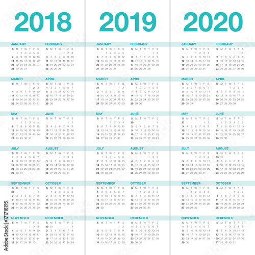 Year 2018 2019 2020 calendar vector