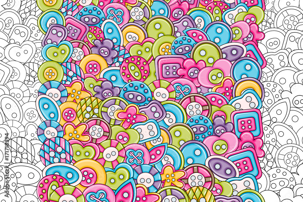 Fototapeta premium Sewing buttons handmade craft concept cartoon doodles background design. Hand drawn black and white outline coloring page vector illustration.
