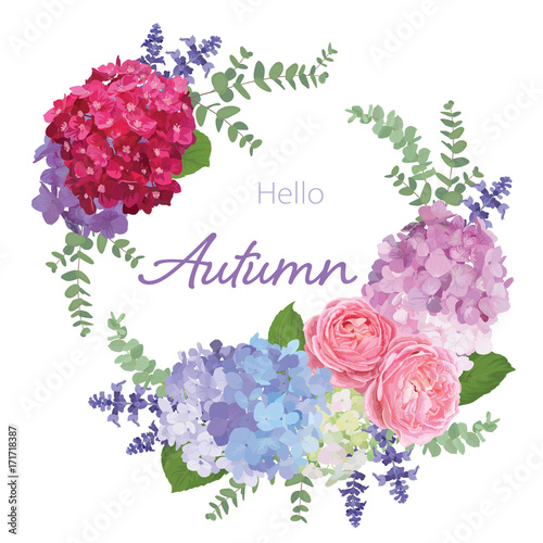 Fototapeta Naklejka Na Ścianę i Meble -  Floral frame with autumn hydrangea flowers, rose, lavender, and leaf on white background. Vector set of blooming flower for your design. Adornment for wedding invitations and greeting card. 