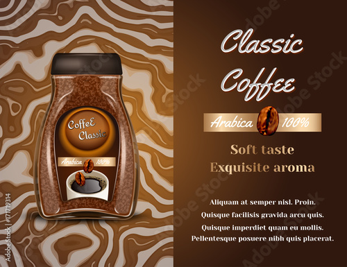 Coffee products ad. Vector 3d illustration. Instant coffee bottle template design. Arabica brand bottle advertisement poster layout