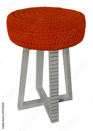 Handmade stool wooden gray in black lines. Round seat with red wool material. photo