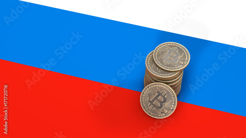 A pile of Bitcoin coins stands on the flag of Russia. 3D render photo