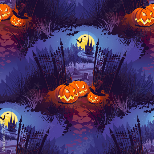 Seamless Halloween Pattern with Pumpkins on light background.