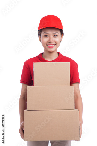 Portrait of delivery woman service happily delivering package to costumer