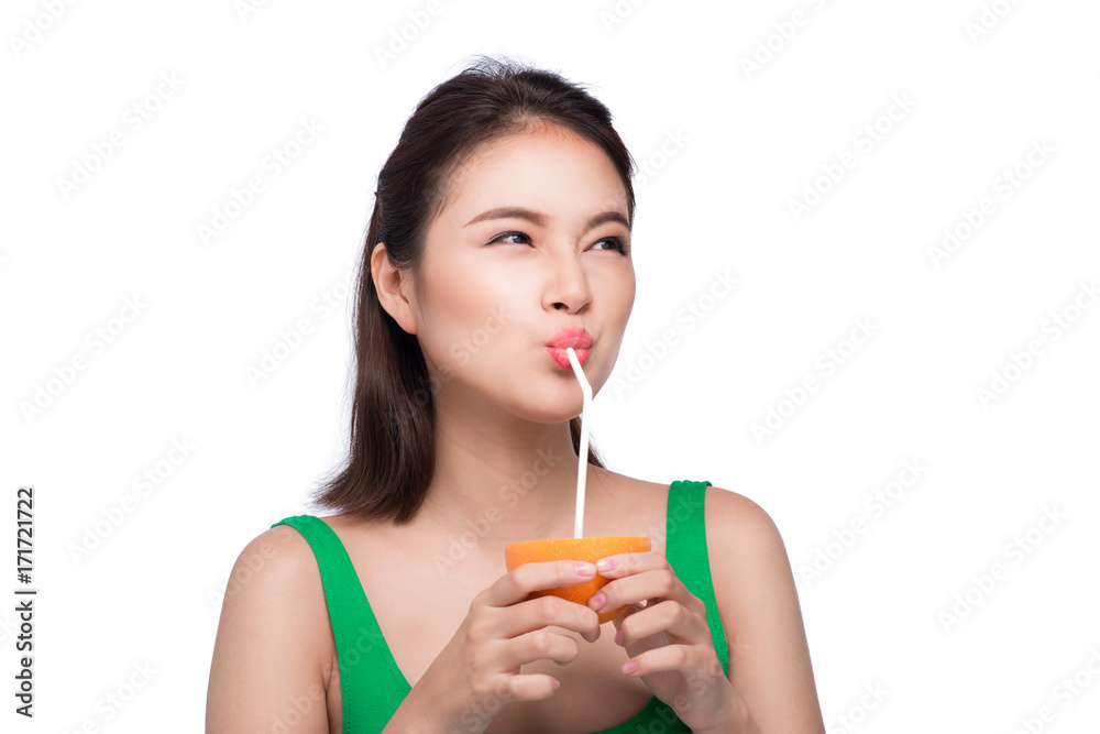 Beautiful asian girl with juice, isolated on white