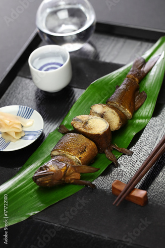 komochi ayu no kanroni, sweetfish with roe simmered in soy sauce and sugar, japanese appetizer for sake
 photo