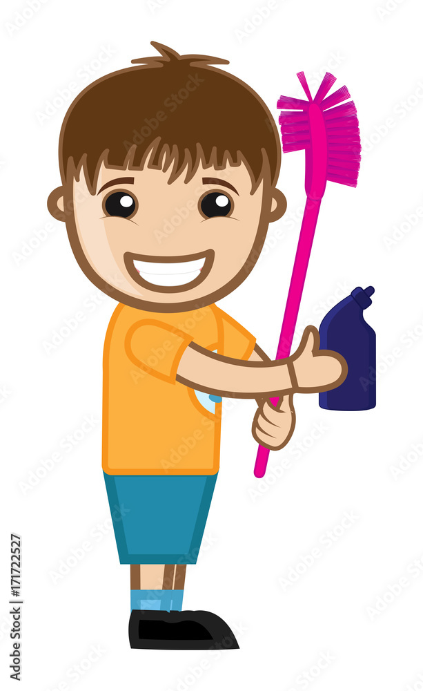 Happy Small Kid Holding Toilet Cleaner and Brush Tool Happy Small Kid Holding Toilet Cleaner and Brush Tool