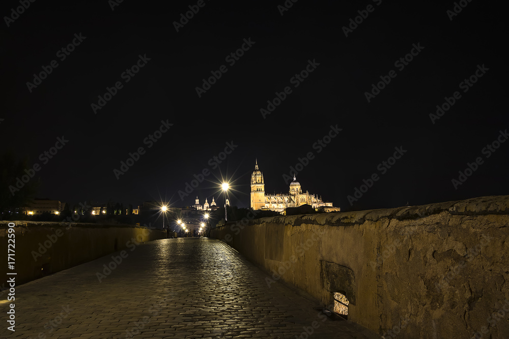 Night view of Salamanca Old and New Cathedrals from roman bridge over Tormes River at sunset, Community of Castile and Leon, Spain. 