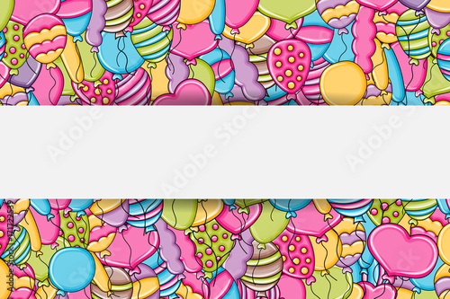 Balloons birthday and celebration concept in 3d cartoon doodles background design. Hand drawn colorful vector illustration.