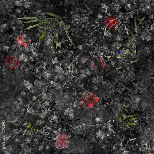 Watercolor painting of leaf and flowers, seamless pattern on dark background
