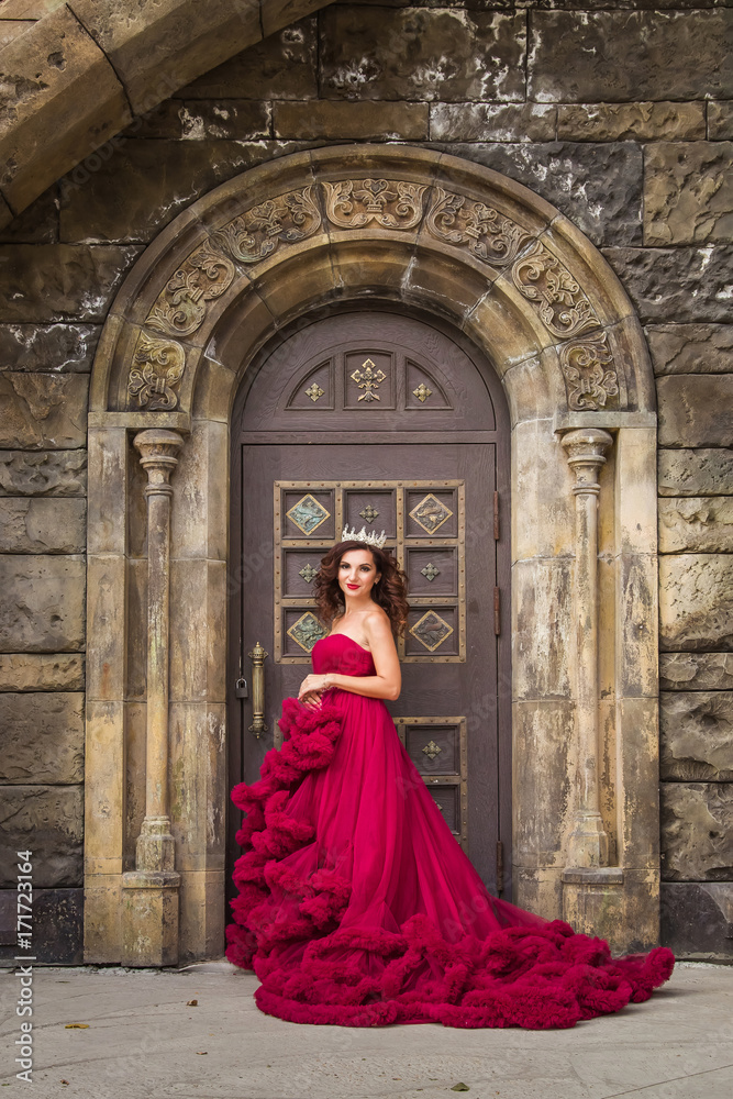 A beautiful woman, a queen in a red luxurious dress, stands against the backdrop of a medieval, medieval, gothic door with an arch. Medieval fantasy. Attractive Princess