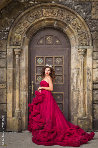 A beautiful woman, a queen in a red luxurious dress, stands against the backdrop of a medieval, medieval, gothic door with an arch. Medieval fantasy. Attractive Princess