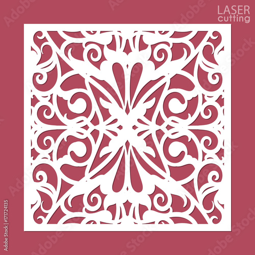 Laser cut square ornamental panel with pattern. Template of wedding invitation or greeting card. Cabinet fretwork panel. Metal design, wood carving.
