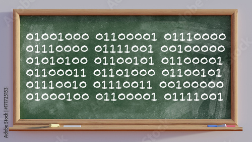 3D render of a blackboard with Happy teachers day text in binary code