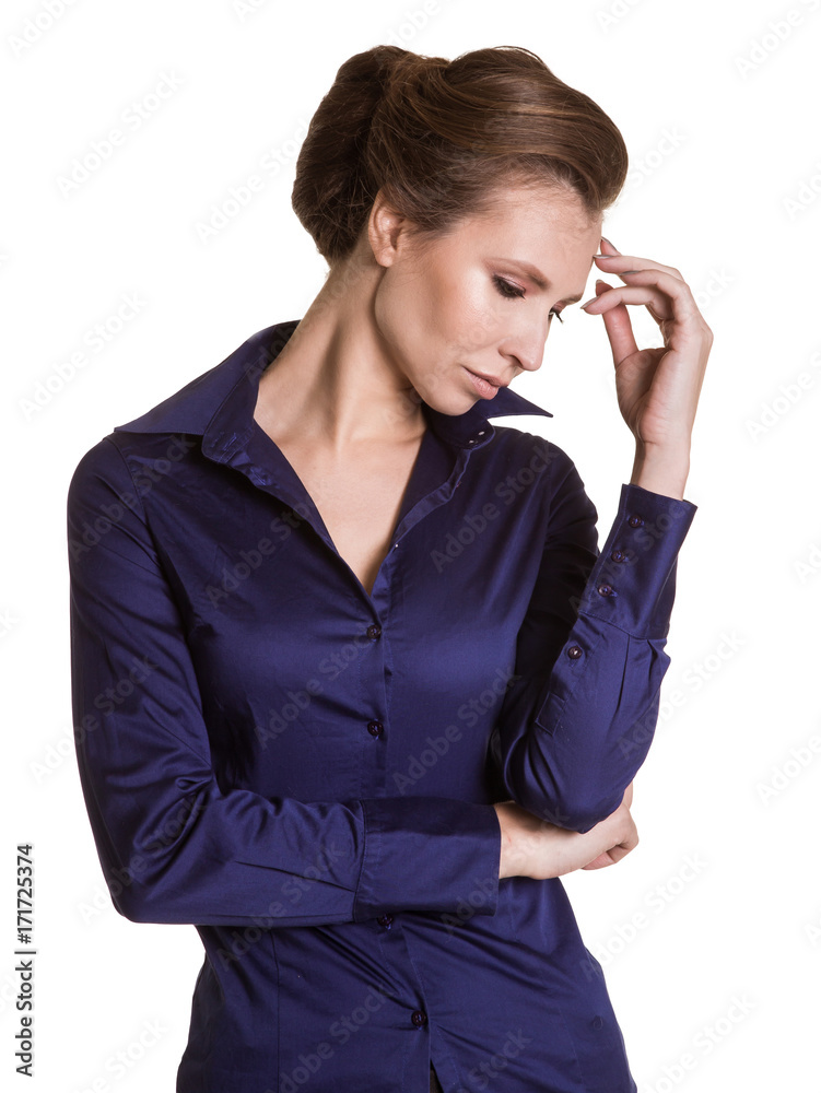 Tired business woman. Blue shirt. White background Tired business woman. Blue shirt. White background