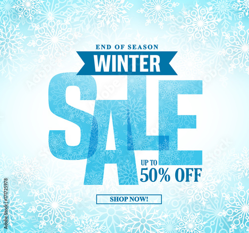 Winter sale vector banner design with blue sale text in white snow background for end of season shopping promotion. Vector illustration.
