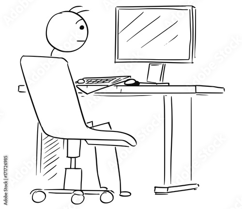 Cartoon Illustration of Business Man Working on Computer