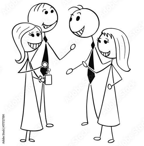 Cartoon Illustration of Two Men and Women Business People Talking Chatting