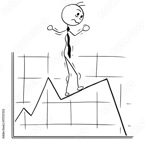 Cartoon Illustration of Business Man Walking Carefully on Graph