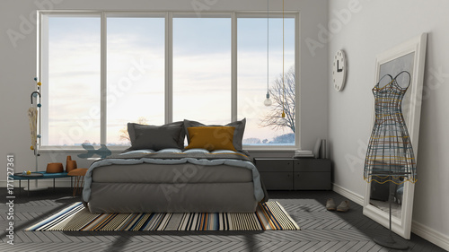 Colored modern white and gray bedroom with big panoramic window, sunset, sunrise, architecture minimalist interior design