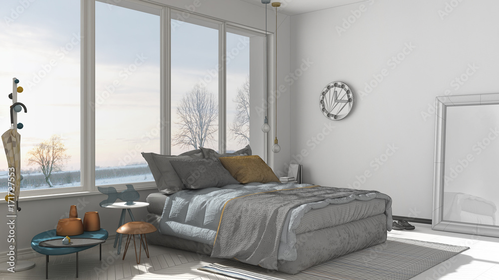 Fototapeta premium Unfinished project of modern bedroom with big panoramic window, architecture minimalist interior design