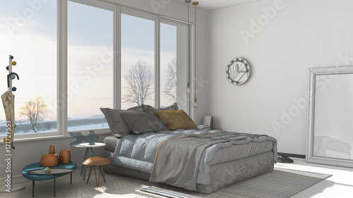 Unfinished project of modern bedroom with big panoramic window, architecture minimalist interior design